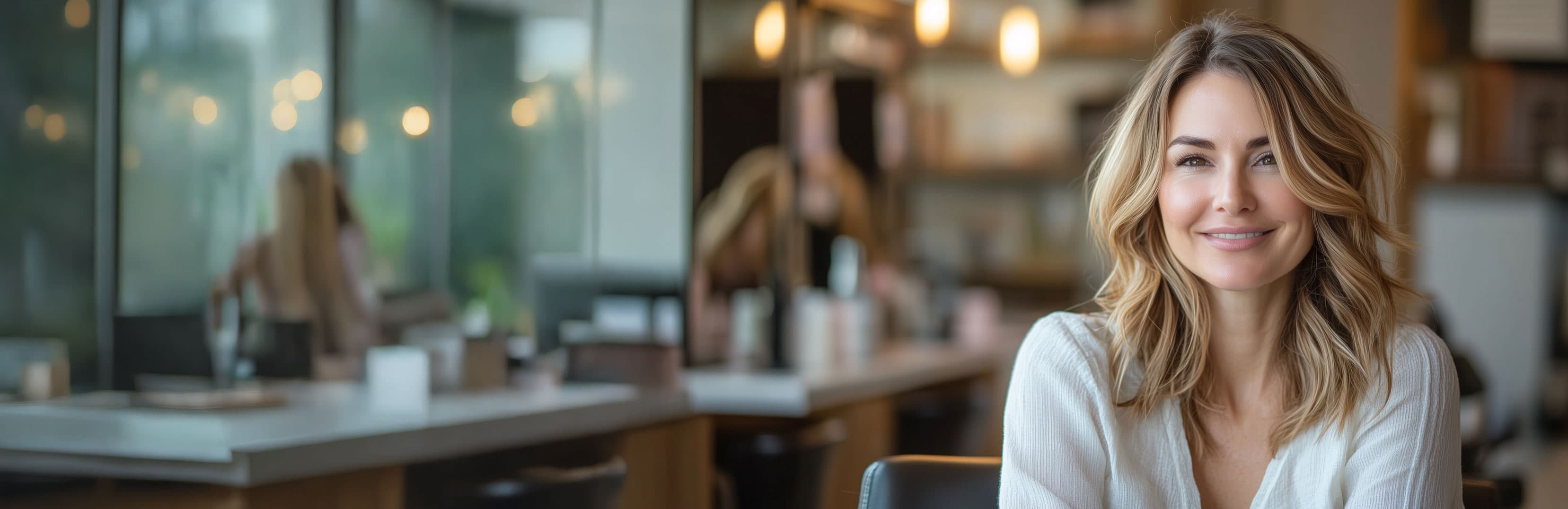 Happy client with freshly styled hair at Lilly's Salon